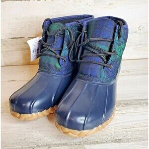 St. John's Bay Women's Denton Flat Heel Rain Boots Navy Blue/Green Plaid Size 8M